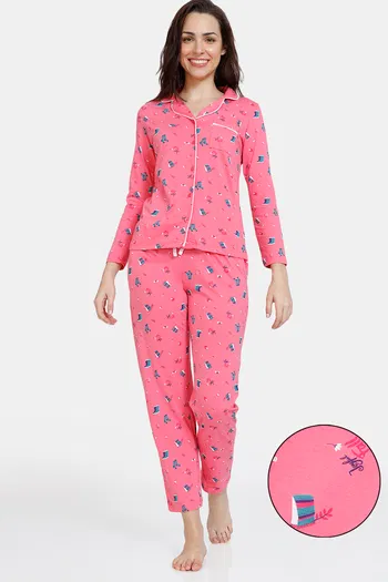 Buy Zivame Autumn Leaves Knit Cotton Pyjama Set - Pink Lemonade